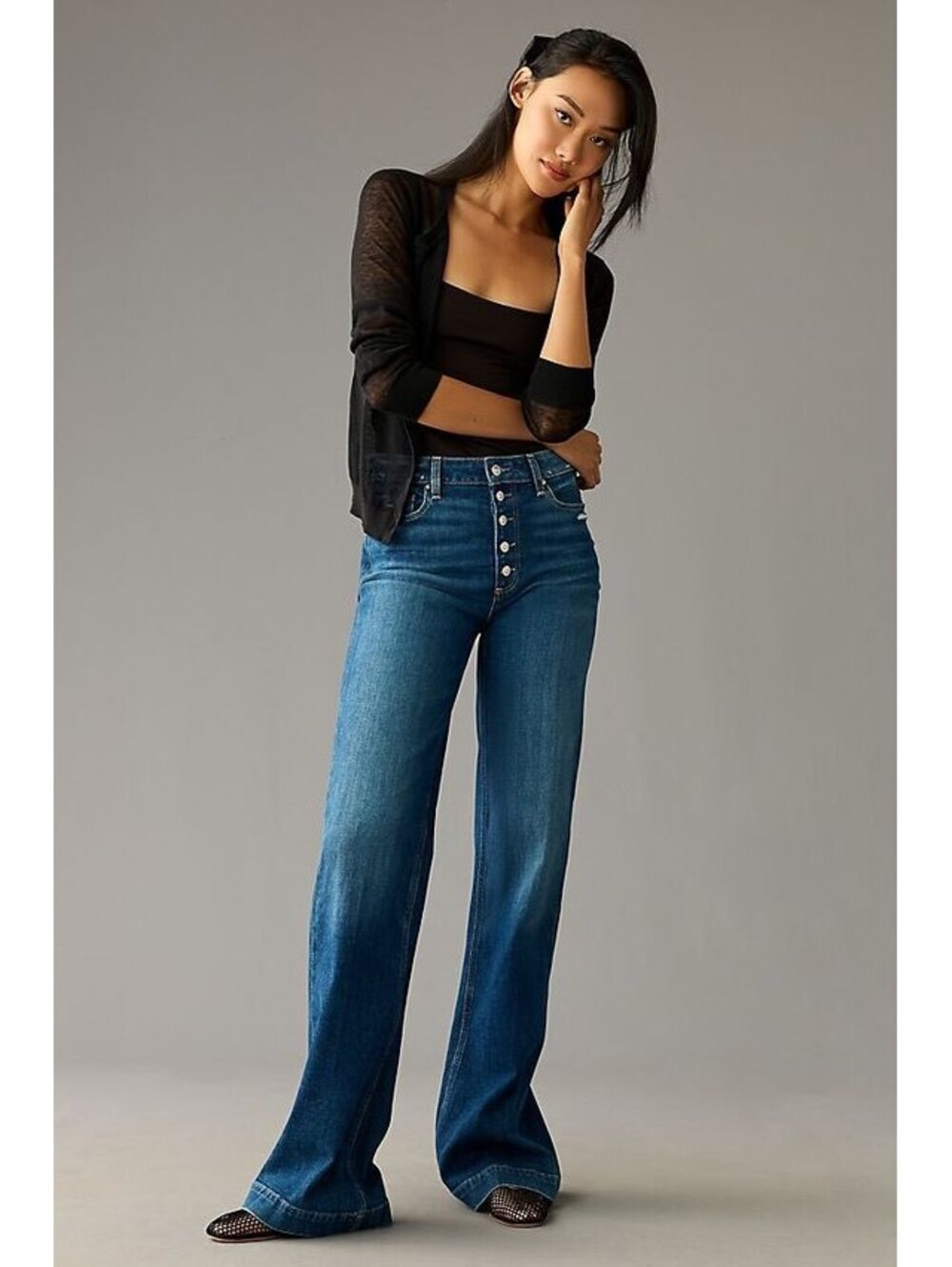 PAIGE Leenah High-Rise Button-Fly Wide-Leg Jeans Dark Wash Size 33